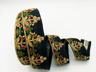 Black Art Silk Trim In Red And Gold Embroidery, Approx. 35mm wide, Decorative Trim